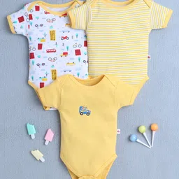 BUMZEE Cotton Knit Half Sleeves Vehicle Printed Onesies Pack of 3 - Yellow & White-picture-25