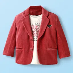 Dapper Dudes Full Sleeves Ribbed Textured Blazer With Typography Printed Tee Set - Brown-picture-28