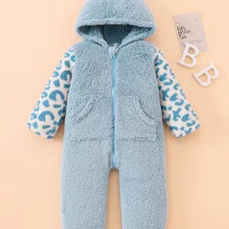 Mark & Mia Full Sleeves Front Open Hooded Winter Wear Romper with Cheetah Design & Kangaroo Pockets - Light Blue-picture-13