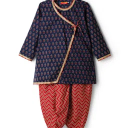 Exclusive from Jaipur Cotton Woven Full Sleeves Kurta Dhoti Set With Floral Print - Navy Blue-image-37