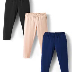 Babyhug Cotton Lycra Knit Full Length Solid Color Leggings With Stretch Pack of 3 - Beige & Navy Blue-picture-23
