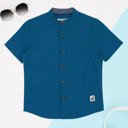Pantaloons Junior Cotton Flax Woven Half Sleeves Solid Shirt - Teal Blue-picture-36