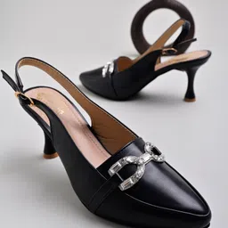 Shoetopia Stones Embellished Bow Applique Detailed Heeled Sandals - Black-picture-17