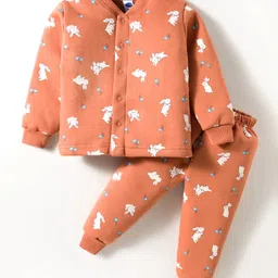Teddy Fleece Knit Full Sleeves Winter Wear Night Suit With Animal Print - Rust Orange-picture-33