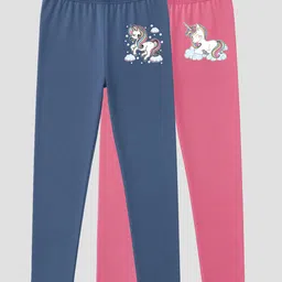 Charm n Cherish Cotton Blend Knit Pack Of 2 Unicorn Printed Leggings - Navy Blue & Pink-picture-41