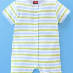 Babyhug 100% Cotton Half Sleeves Romper Lion & Stripes Print Pack of 2- White & Green image 2