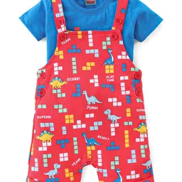 Babyhug Cotton Knit Dungaree with Half Sleeves Inner Tee Set Dino Print - Blue & Red image 2