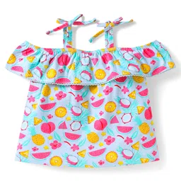Babyhug Single Jersey Knit Cold Shoulder Sleeves Top & Shorts Set with Fruits & Floral Print - Dark Pink & Light Blue image 2