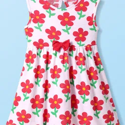 Babyhug Single Jersey Knit Sleeveless Floral Printed Frock with Headband & Bow Applique - White image 2