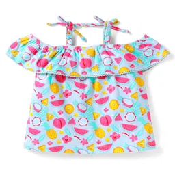 Babyhug Single Jersey Knit Cold Shoulder Sleeves Top & Shorts Set with Fruits & Floral Print - Dark Pink & Light Blue image 3
