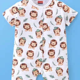 Babyhug 100% Cotton Half Sleeves Romper Lion & Stripes Print Pack of 2- White & Green image 4