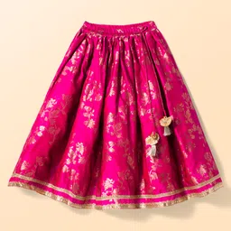 Babyhug Brocade Woven Half Sleeves Choli Lehenga & Dupatta Set With Floral Print & Embriodery - Fuschia image 4