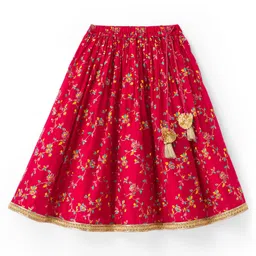 EARTHY TOUCH Woven Half Sleeves Choli Lehenga Set with Dupatta & Floral Glitter Print - Dark Pink image 5