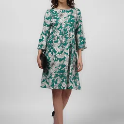 Harpa Women Green & Off White Printed Fit and Flare Dress image 2