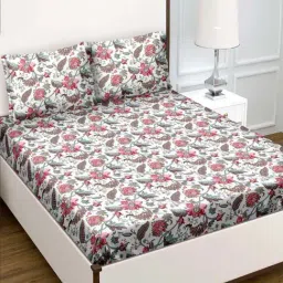 BELLA CASA Genteel Floral White & Pink 180 TC Cotton Bedsheet with 2 Pillow Covers-image-15