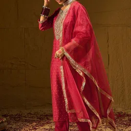 Indo Era Women Embroidered Regular Chanderi Silk Kurta with Trousers & With Dupatta image 5
