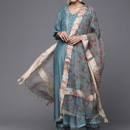 Varanga Women Teal Blue Yoke Design Kurta with Trousers & With Dupatta-image-99