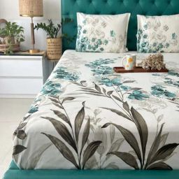 Urban Space Teal Green And White Cotton 200 TC King Bedsheet with 2 Pillow Covers-picture-48