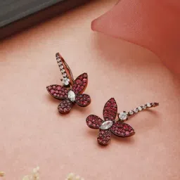 Priyaasi Purple Butterly AD Stone Studded Silver-Plated Drop Earrings-image-4