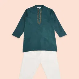 Indus Route by Pantaloons Kids Teal Blue & White Embroidered Full Sleeves Kurta Set-picture-42