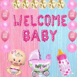 Bubble Trouble Its a Girl Baby Shower Decoration Items Combo with A Welcome Baby Foil Balloon Fringe Pastel Curtains Cradle Foil Balloon Bottle Foil Balloon for Its a Girl Newborn Baby - 32 Pcs-picture-45