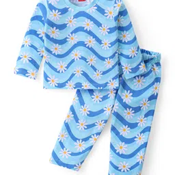 Babyhug Cotton Knit Full Sleeves Night Suit With Floral Print - Blue-picture-20