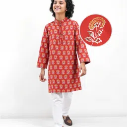 Pine Kids Cotton Woven Full Sleeves Floral Printed Kurta Pyjama Set - Rust Orange-picture-11