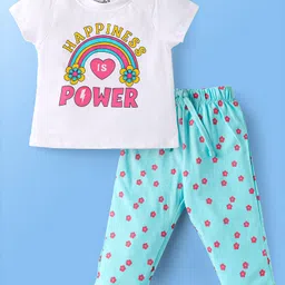 Doodle Poodle 100% Cotton Knit Half Sleeves NightsuitWith Happiness Is Power Text & Floral Print - White & Light Blue image 1