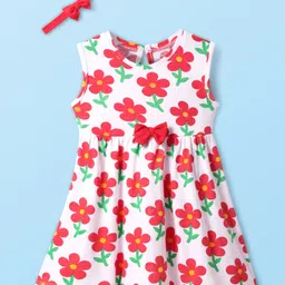 Babyhug Single Jersey Knit Sleeveless Floral Printed Frock with Headband & Bow Applique - White-picture-32