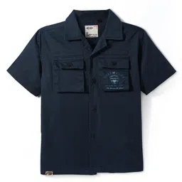 Ruff Corduroy Woven Half Sleeves Solid Shirts With Text Print - Navy Blue image 1