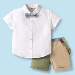 ToffyHouse Poplin Woven Half Sleeves Shirt & Shorts Set with Suspenders & Bow with Moustache Print - White & Olive Green image 1