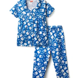Babyhug Cotton Knit Half Sleeves Co-ords Night Suit With Floral Print - Blue-picture-35