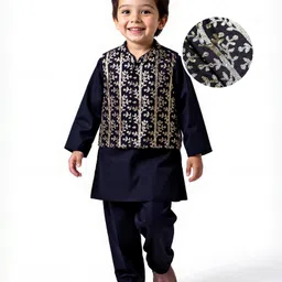 Babyhug Woven Full Sleeves Kurta Pajama Set with Jacket & Sequin Detailing - Navy Blue-picture-14
