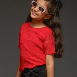 KIDSDEW Woven Half Sleeves Floral Lace Detailed Top - Red-picture-26