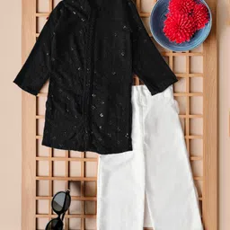 Bella Moda Cotton Woven Full Sleeves Sequins Embellished & Floral Embroidered Kurta Pyjama Set - Black-picture-31