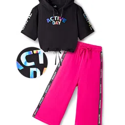 OLLINGTON ST. 100% Cotton Knit Half Sleeves Active Day Text Printed Hooded Top & Track Pant Set - Black & Pink-picture-20