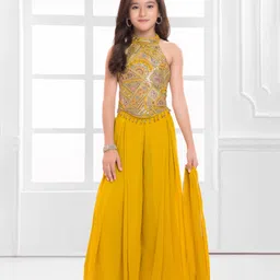 Ministitch Cotton Silk Woven Sleeveless Floral Embroidered & Sequins Embellished Crop Top & Palazzo With Dupatta Set - Yellow-picture-20