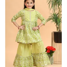 MASTARANG Cotton Woven Three Fourth Sleeves Abstract Printed Gota Lace Embellished Kurti & Sharara With Dupatta Set - Green-picture-28