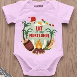 KNITROOT Festive Theme Half Sleeves Lit On My First Lohri & Bonfire Printed Onesie - Pink image 3