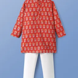 Pine Kids Cotton Woven Full Sleeves Floral Printed Kurta Pyjama Set - Rust Orange image 2