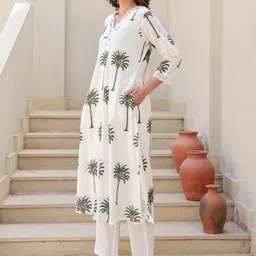 Indo Era Women Ethnic Motifs Printed Regular Thread Work Pure Cotton Kurta with Trousers-picture-38