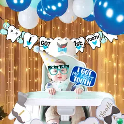 Zyozi First Tooth Decoration Combo For Boy - Banner, Photo Booth & Rice Light Blue and White  Pack Of 18 image 4