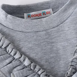 Kookie Kids Full Sleeves Solid Colour Winter Top With Frill & Bow Detailing - Grey image 4