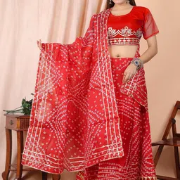 huuhambay Bandhani Printed Traditional Kota Doria Semi Stitched Lehenga & Dupatta-picture-18