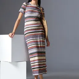 Selvia Edge Women Horizontal Striped Bodycon Maxi Dress image 2