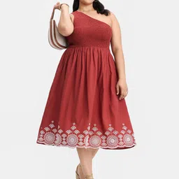 Virgio Women Ethnic Motifs Embroidered Smocked One Shoulder Cotton Fit & Flare Midi Dress-image-27