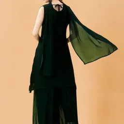 PARROT CREATION Chevron Embroidered Georgette A-Line Kurti With Sharara And Dupatta image 5