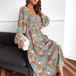 Stylecast X Slyck Women Floral Print Smocked Fit & Flare Midi Dress-image-54