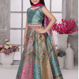 Sangria Girls Printed Mirror Work Lehenga & Blouse With Dupatta image 3