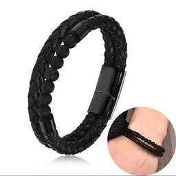 meenaz Bracelet for Men Black Leather Bracelet for boys manMagnetic-Clasp Leather Mens Beads Bracelet Evil eye Bracelets for Man Stylish Combo Silver Stainless Steel Birthday Gift Anniversary Husband image 2
